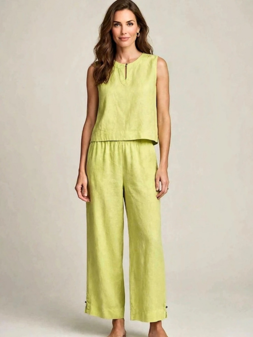 Women's Hot Cotton Linen Matching Green Sleeveless Top & Wide Leg Pants